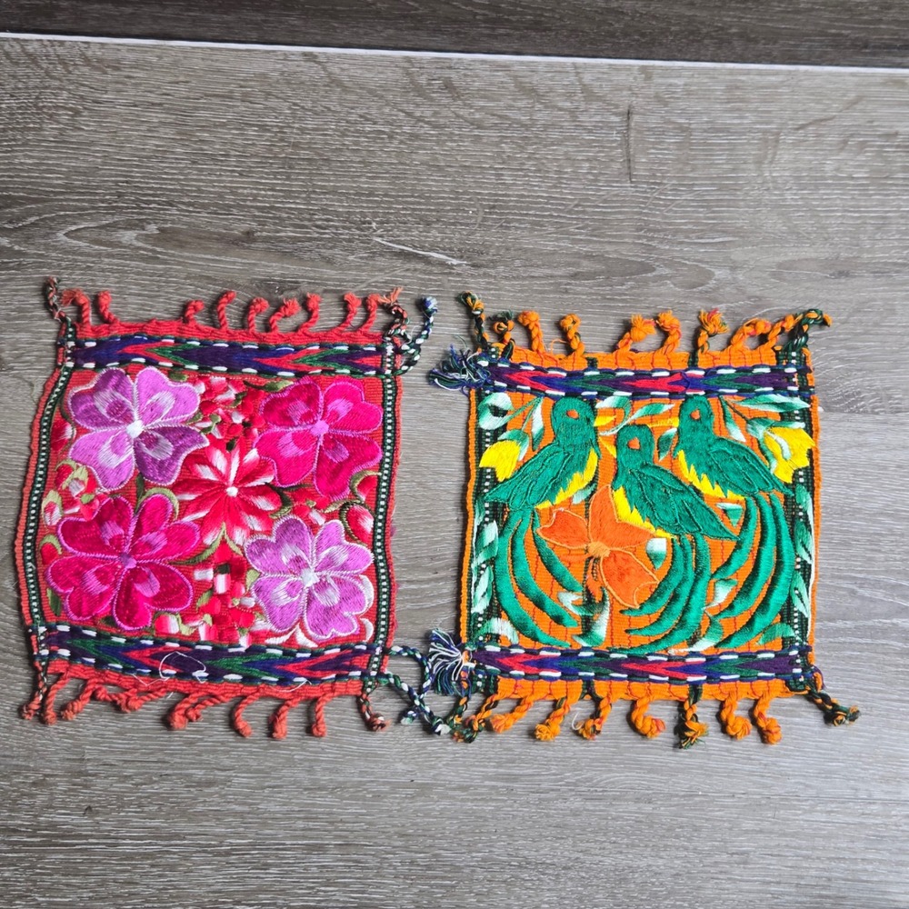 Table Runner Guatemalan Hand Embroidered Textile Huipil Panels Floral Bird Set 2